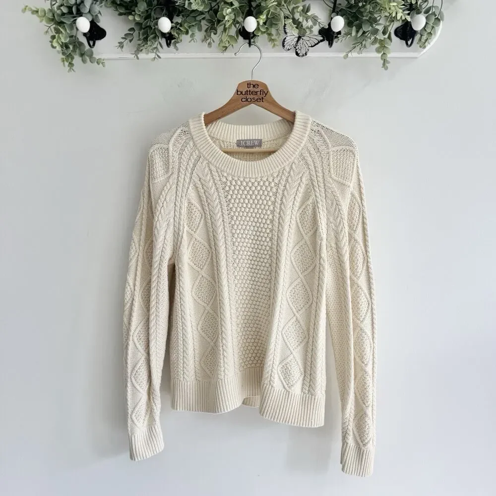 J. Crew Cream Cable Knit Cotton Crewneck Sweater Small Sb